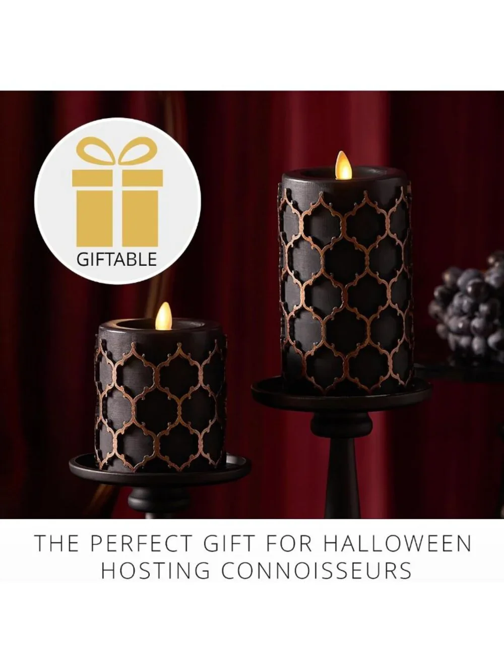 Flameless LED Pillar Candle - Black Embossed, Timer Function, Real Wax, 3.5x6.5